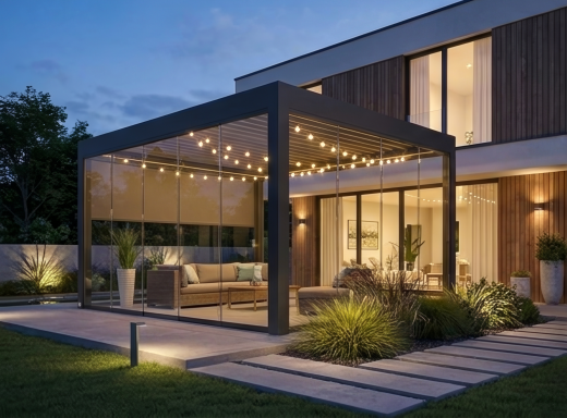 Pergola mit Lamellendach und LED Beleuchtung moderne Terrasse am Abend