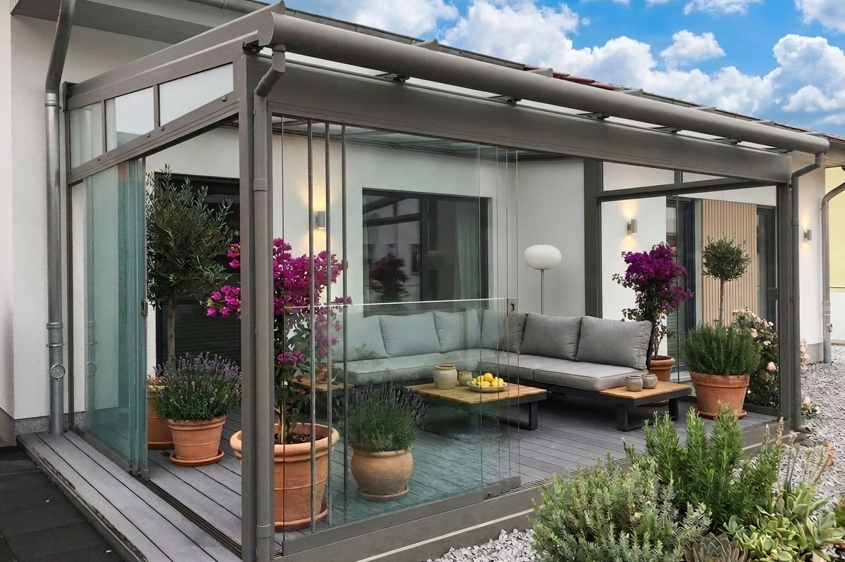 Terrassenüberdachung aus Aluminium und Glas an Einfamilienhaus