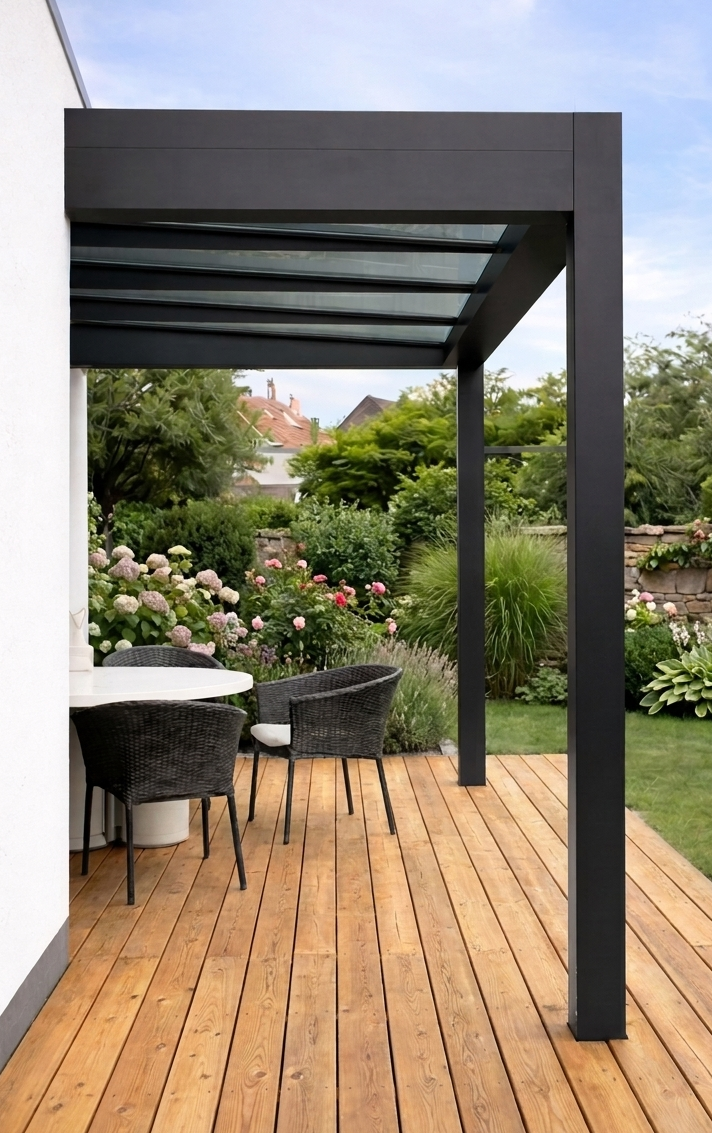 Pergola mit Glasdach auf Holzterrasse mit Blick in den Garten