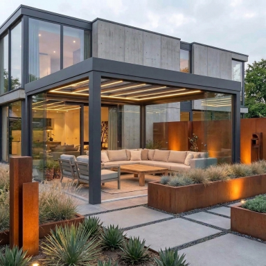 Pergola mit Glasdach und Beleuchtung hochwertige Terrassenüberdachung bei Nacht