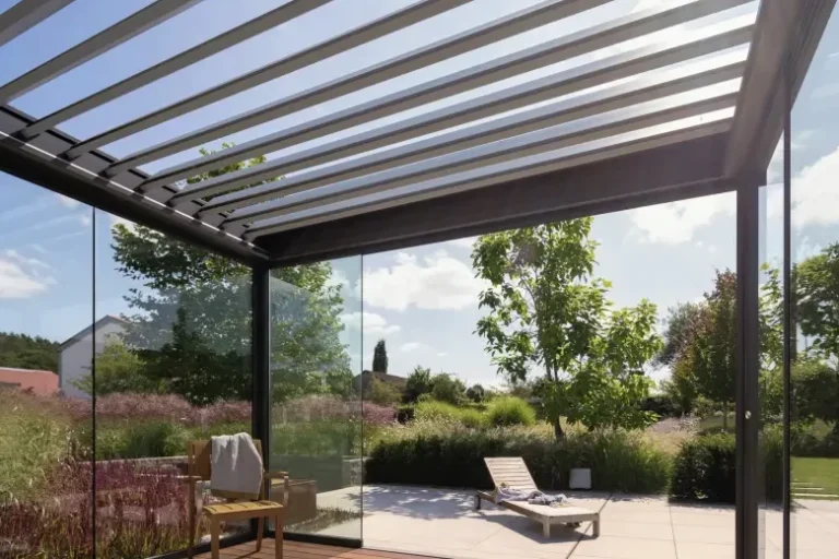 Pergola mit geöffneten Lamellen für Sonnenschutz im Garten