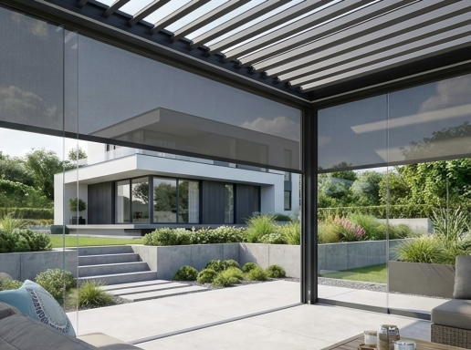 Detail Lamellendach Pergola mit verstellbaren Aluminium Lamellen Sonnenschutz