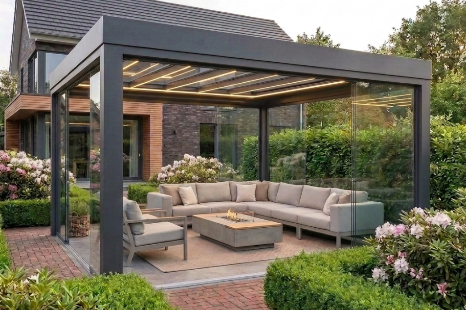 Pergola mit Glasdach an Einfamilienhaus Terrasse