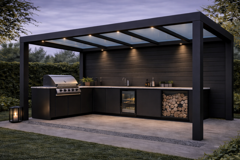 Outdoor Küche mit Grill und Überdachung im Garten