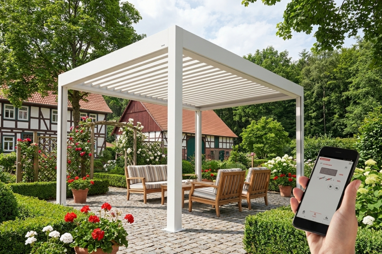 Elektrisch steuerbare Pergola mit Glasdach per Fernbedienung oder App