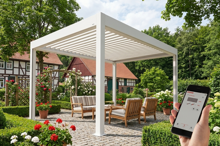 Pergola mit Lamellendach und integrierter LED Beleuchtung 