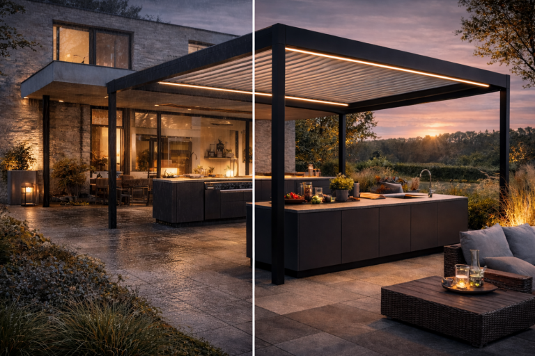 Outdoor Küche mit Pergola bei Abendbeleuchtung wetterfest genutzt