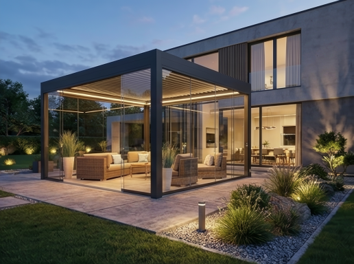 Pergola mit Lamellendach moderne Terrassenüberdachung am Einfamilienhaus