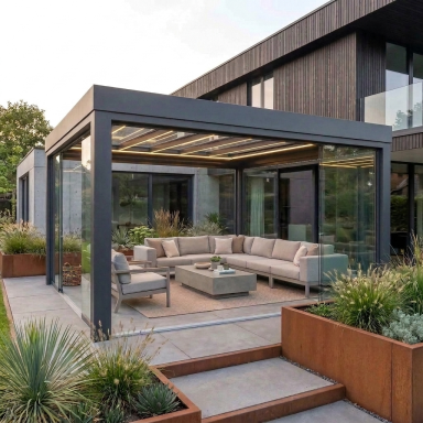 Pergola mit Glasdach moderne Terrassenüberdachung mit Sitzlounge und Holzdeck in Hannover und Umgebung