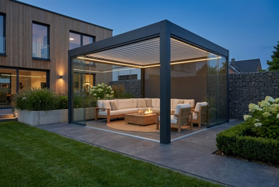 Pergola mit Lamellendach und Loungemöbeln wetterfeste Terrassenüberdachung