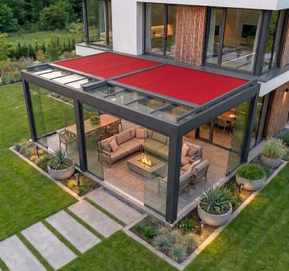 Pergola mit Glasdach und Markisen Beschattung auf Terrasse am Einfamilienhaus