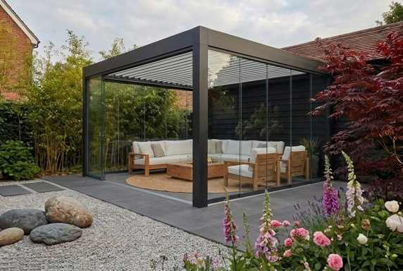 Pergola mit Lamellendach und seitlichem Sichtschutz aus Glas Terrasse