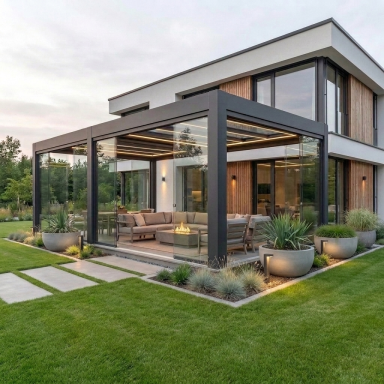 Freistehende Pergola mit Glasdach moderner Garten mit Sitzbereich und Terrasse