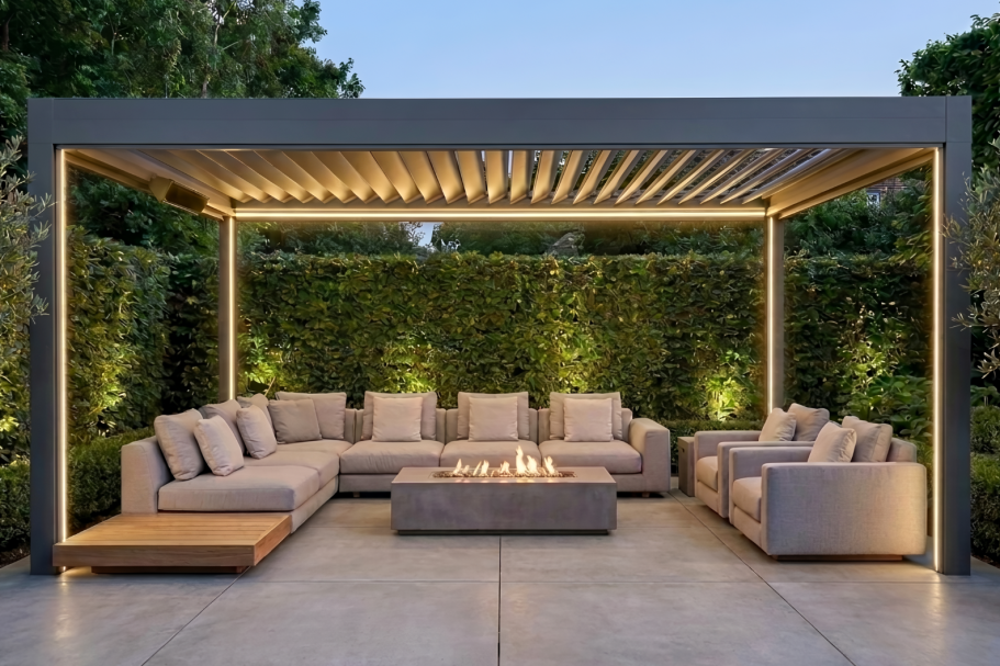 Pergola mit Lamellendach im modernen Garten mit LED Beleuchtung