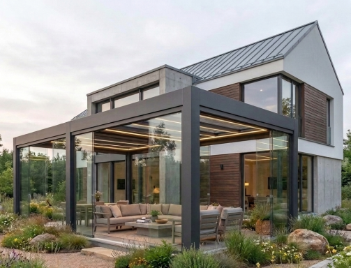 Pergola mit Glasdach und Glasschiebewänden geschützter Outdoor Wohnbereich in Garbsen