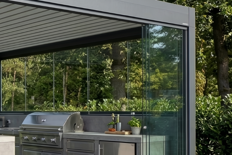 Pergola mit Glasschiebetüren als Windschutz für Outdoor Küche