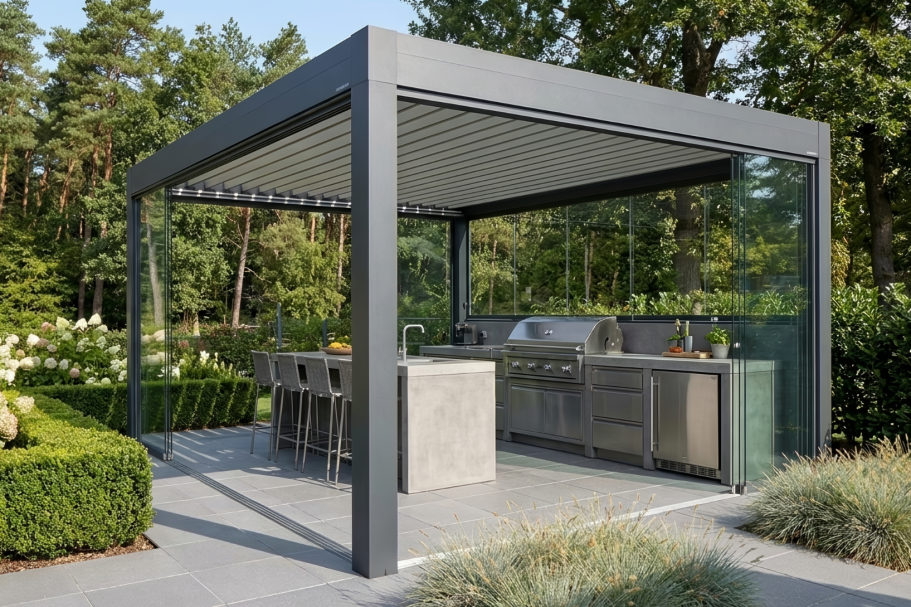 Outdoor Küche unter moderner Pergola im Garten