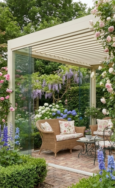Pergola mit Lamellendach im Garten mit Pflanzen und Sitzbereich