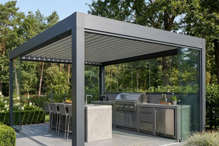 Pergola mit Lamellendach über Outdoor Küche für flexible Steuerung von Licht und Schatten