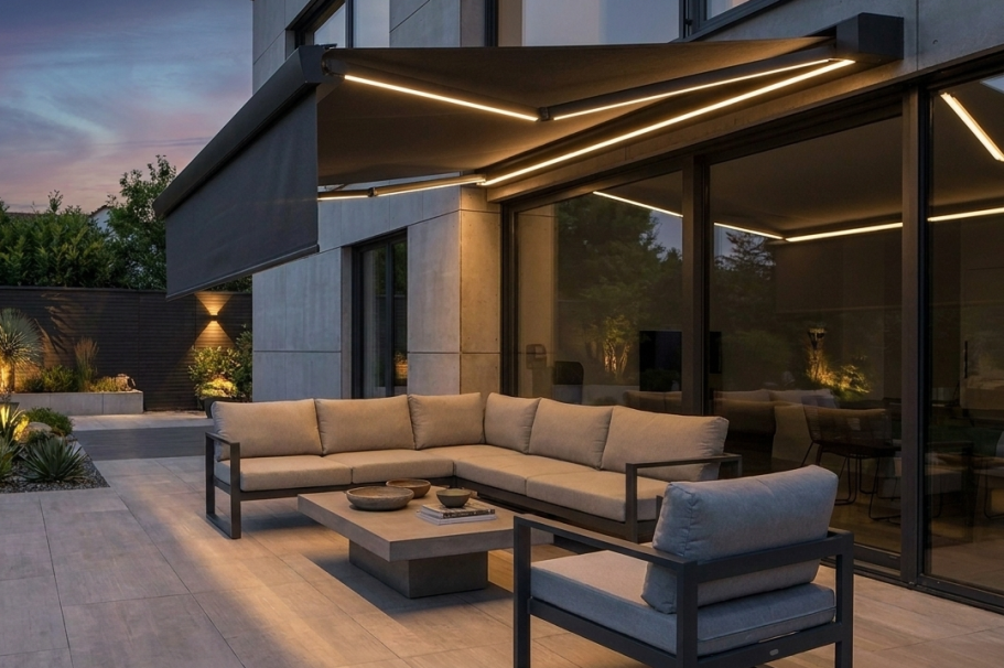 Markise ausgefahren an moderner Hausfassade