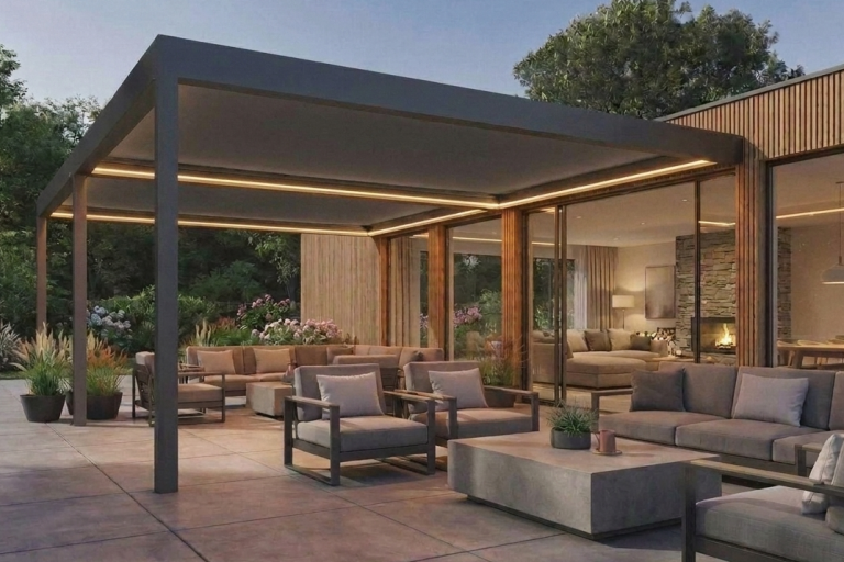 Pergola mit Stoffdach und integrierter LED Beleuchtung am Abend