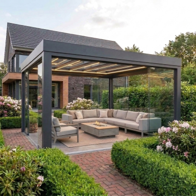 Pergola mit Glasdach moderne Terrasse mit Lounge Sitzbereich und Garten in Hannover