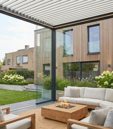 Pergola mit Lamellendach und seitlichen Glaselementen an modernem Haus