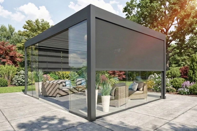 Pergola mit Glasschiebeelementen als erweiterbare Outdoor Küchen Überdachung