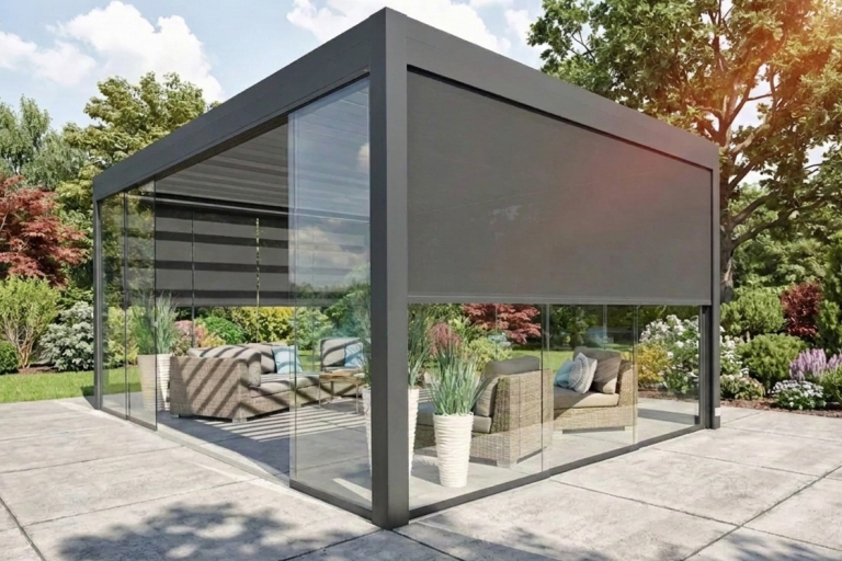 Pergola mit Stoffdach und integrierter Senkrechtmarkise