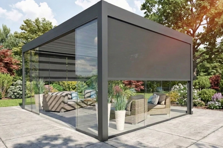 Pergola mit integrierter Senkrechtmarkise als Sonnenschutz