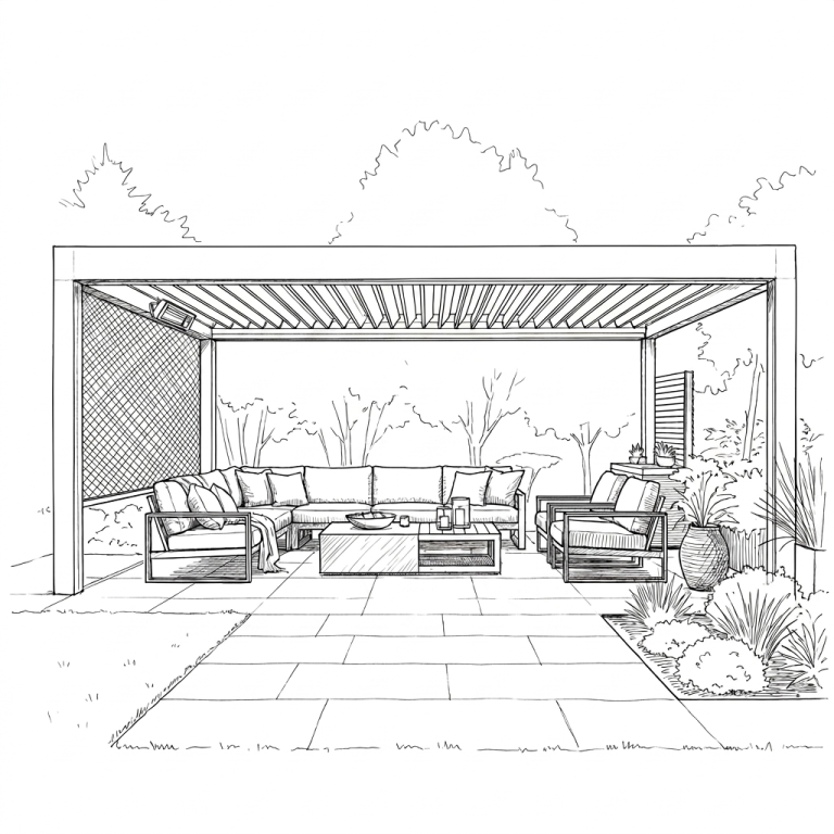 Planungsskizze einer Pergola mit Lounge Bereich für Terrasse