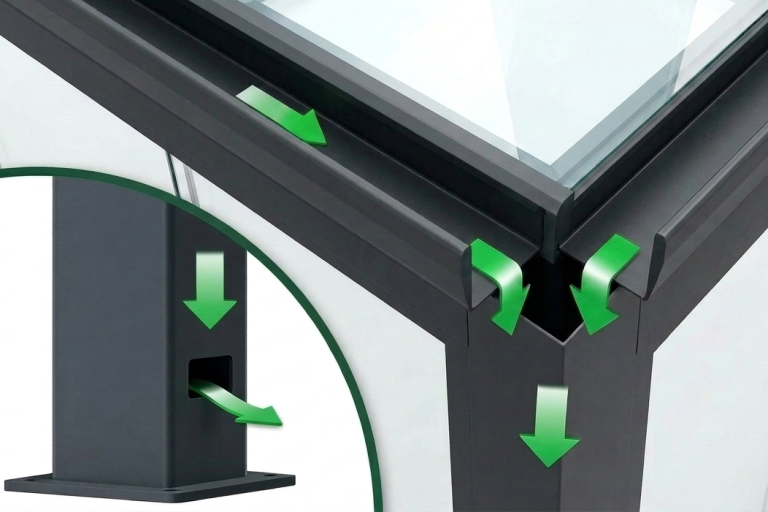 Integriertes Entwässerungssystem für Pergola mit Glasdach bei Regen
