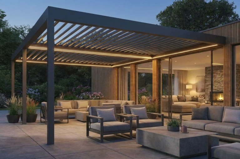 LED Beleuchtung in Pergola für stimmungsvolles Licht auf Terrasse