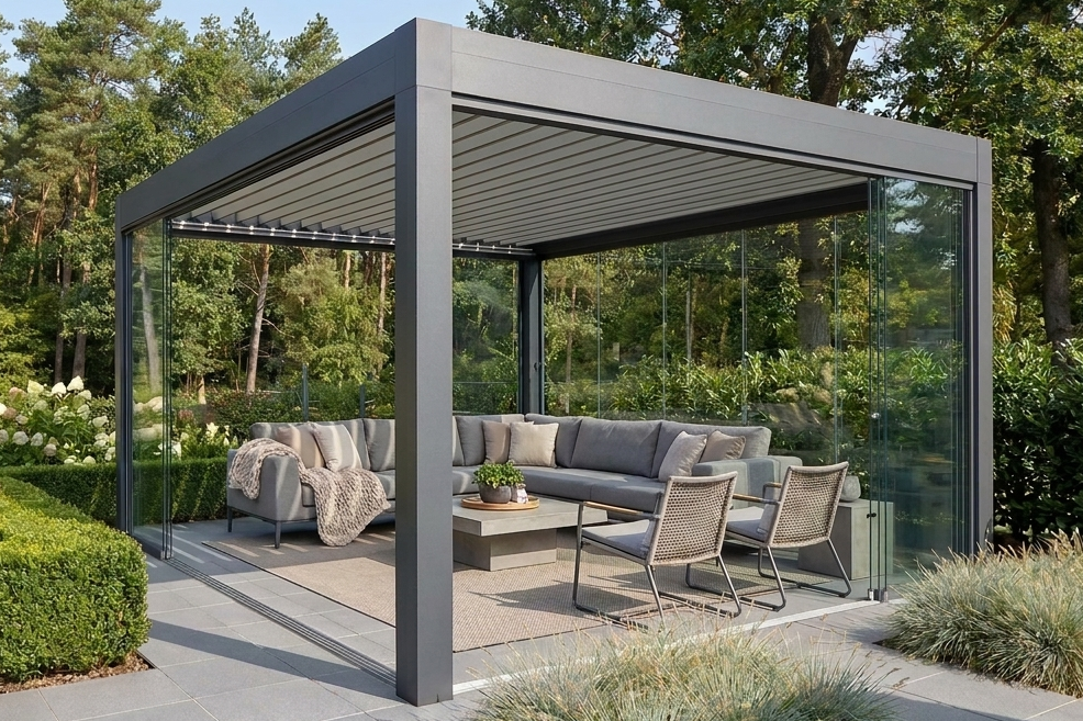 Pergola mit Lamellendach auf moderner Terrasse mit Sitzlounge