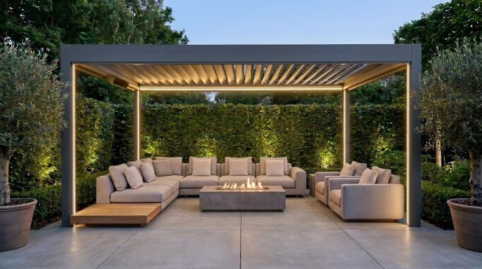 Große Pergola mit Lamellendach und LED Beleuchtung Lounge Bereich Garten