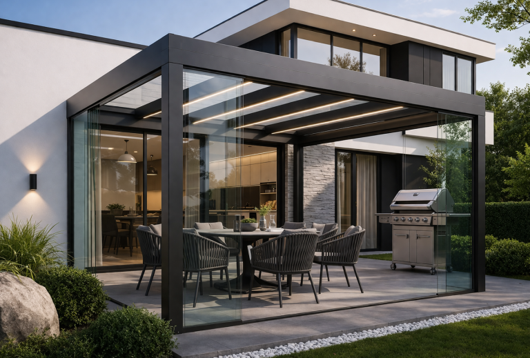 Pergola mit Glasdach sorgt für helle und offene Terrasse mit viel Tageslicht