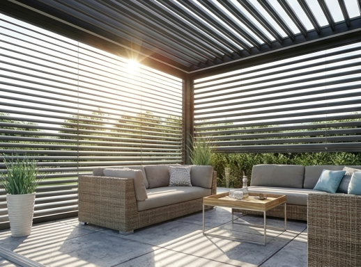Lamellendach Pergola Sonnenschutz mit Licht und Schatten Effekt durch Lamellen