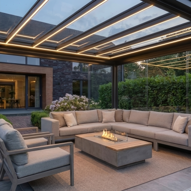 Pergola mit Glasdach und LED Beleuchtung für gemütliche Abende im Außenbereich