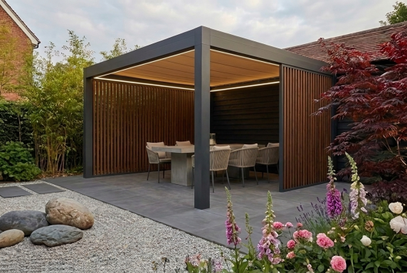 Pergola mit Lamellendach und Holzverkleidung moderne Outdoor Lounge