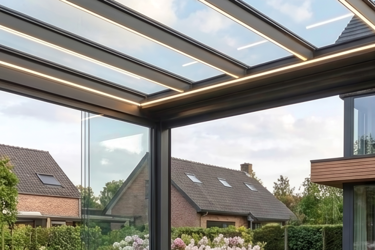 Pergola mit Glasdach und integrierter LED Beleuchtung für stimmungsvolles Licht