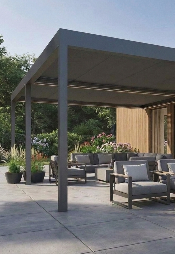 Pergola mit Stoffdach an moderner Hausfassade mit Sitzbereich